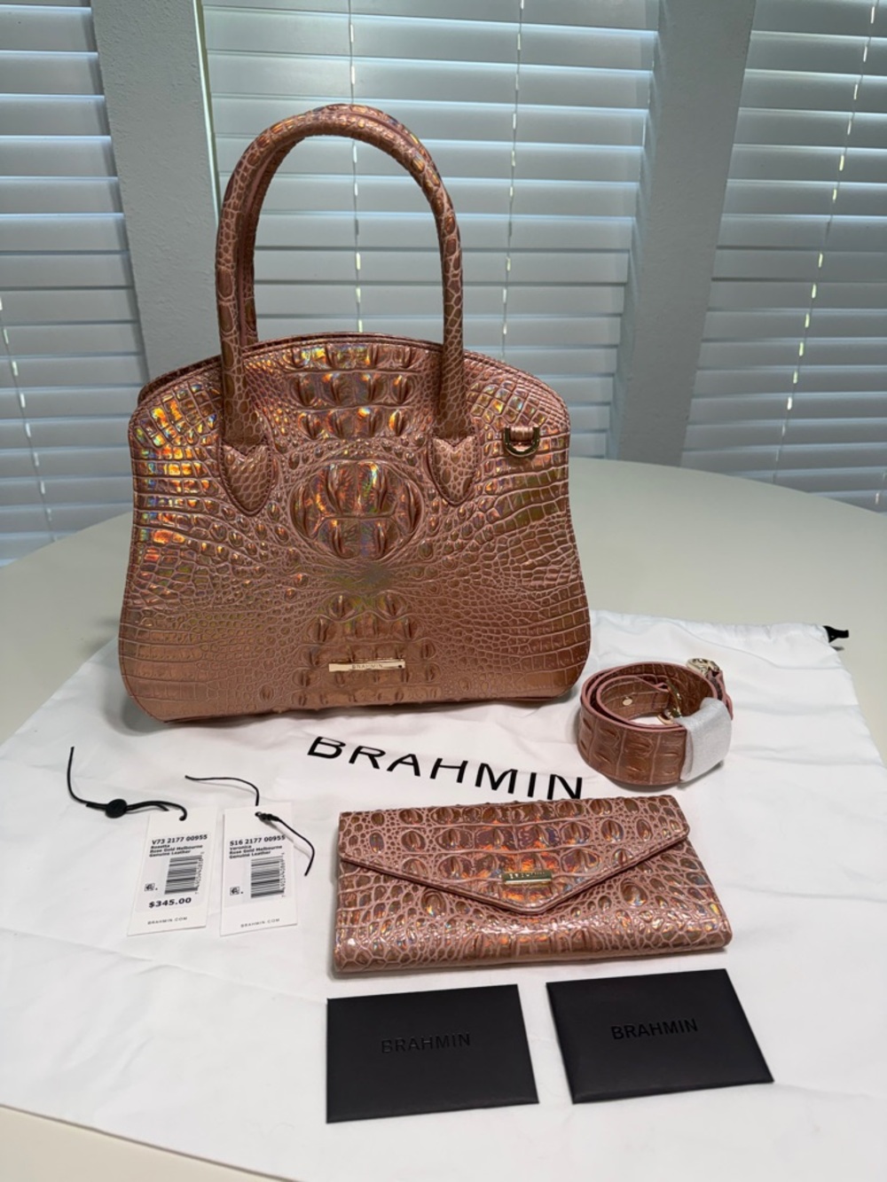 Brahmin Iridescent Rose Gold Rosetta Satchel with Veronica Wallet